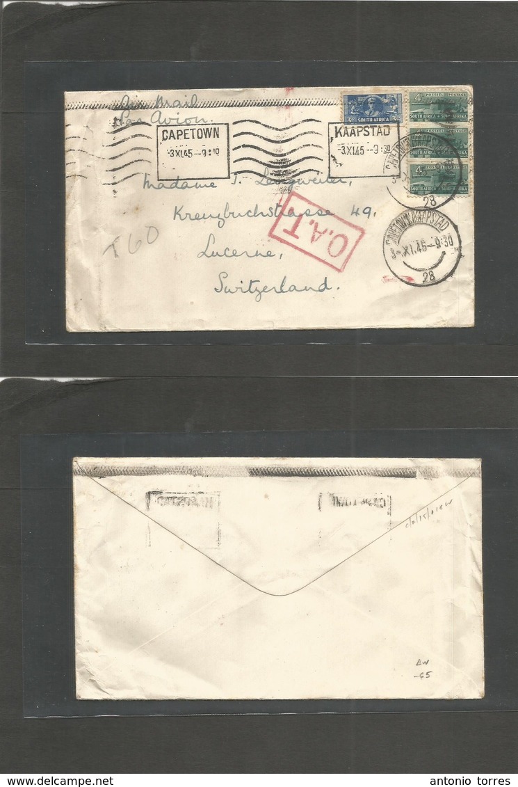 Airmails - World. 1946 (3 Nov) OAT. South Africa - Switzerland, Capetown - Luzerne. Red Special Box "OAT" Multifkd Envel - Other & Unclassified