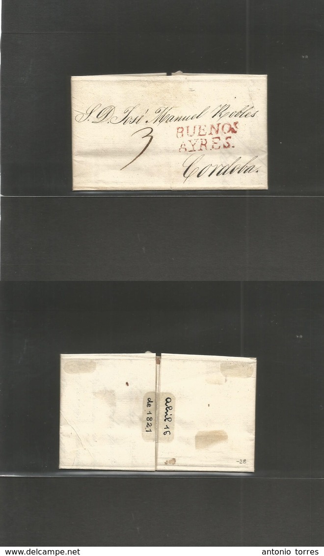 Argentina. 1821 (10 April) Buenos Aires - Cordoba. EL Full Text Red Doble Line "BUENOS / AYRES" + "3" Mns Charge. XF. Ni - Altri & Non Classificati
