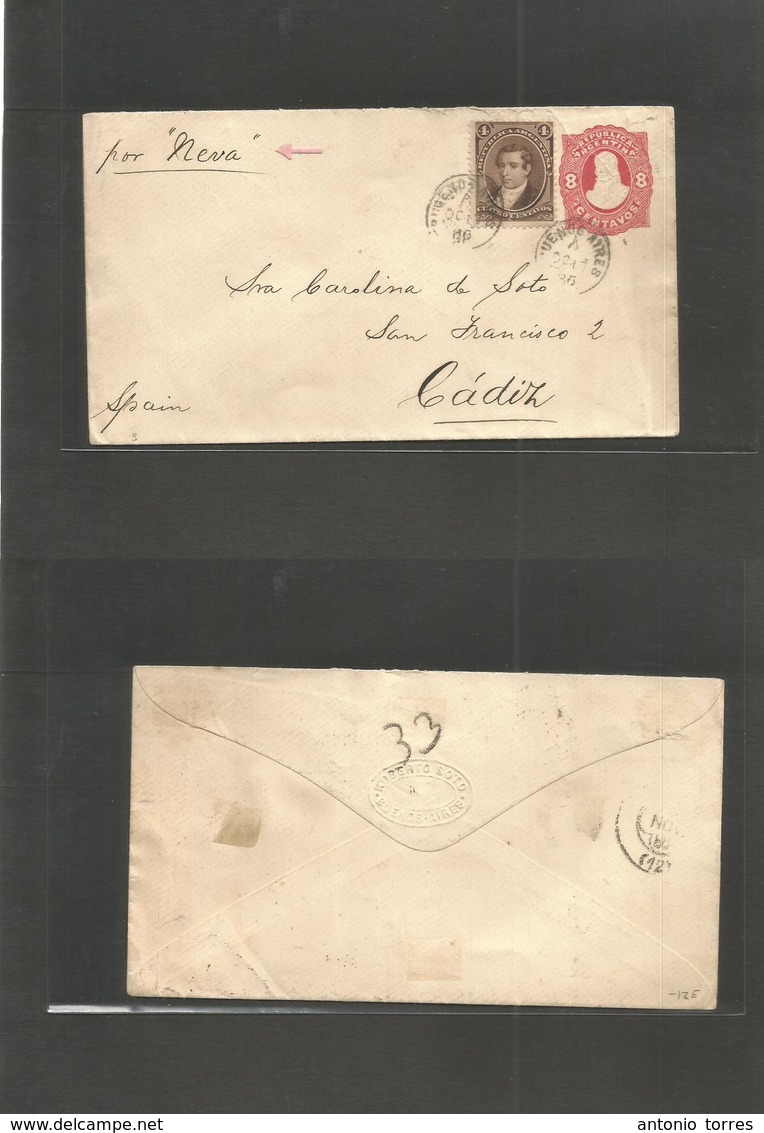 Argentina - Stationery. 1886 (17 Oct) Buenos Aires - Spain, Cadiz. Per Steamer "NEVA" 8c Red Stat Env + 4c Brown Adtl, T - Autres & Non Classés