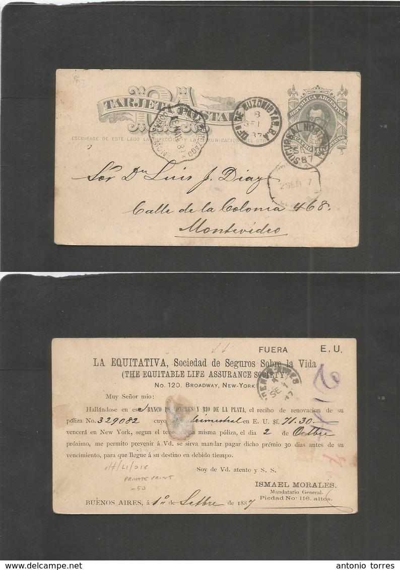 Argentina - Stationery. 1887 (1 Sept) Buenos Aires - Montevideo (2 Sept) Private Print Message. 4c Grey Stat Cards + Equ - Other & Unclassified