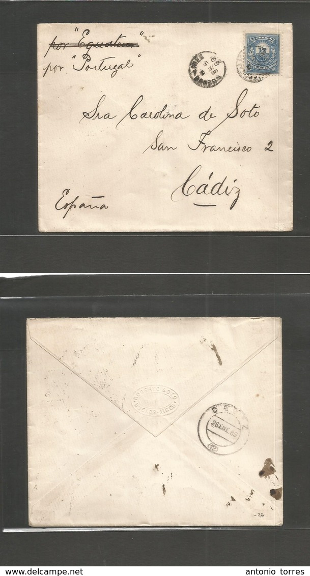 Argentina. 1889 (5 Enero) Buenos Aires - Spain, Cadiz (26 Ene) Per SS "Portugal". Fkd Env 12c Blue, Tied Cds. Fine. - Other & Unclassified