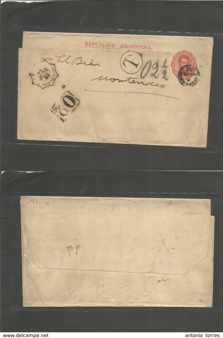 Argentina - Stationery. 1889 (20 June) Buenos Aires - Montevideo, Uruguay (21 June) 1c Red Stat Wrapper + Tax + Aux Cach - Otros & Sin Clasificación