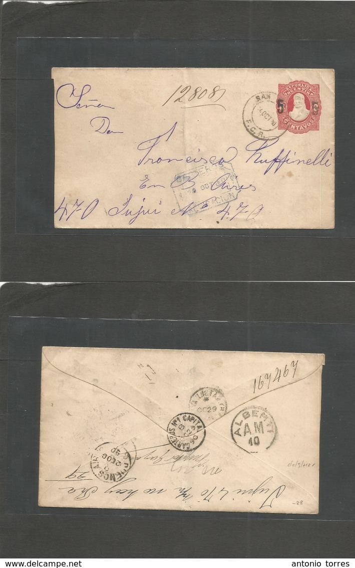 Argentina - Stationery. 1890 (24 Oct) TPO. San Xso / FCR - Buenos Aires (29 Oct) 5c / 8c Red Stat Env. Reverse Transits  - Other & Unclassified