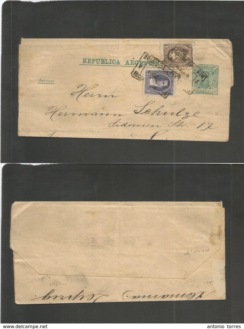 Argentina - Stationery. 1892 (17 March) Instrucción / 4ª Exp - Germany, Leipzig. 1c Green Stat Wrapper + 2 Adtls, At 4c  - Otros & Sin Clasificación