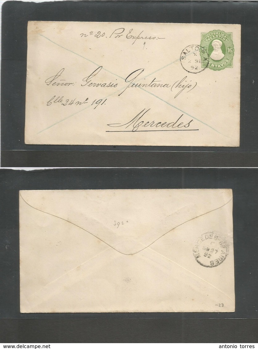 Argentina - Stationery. 1892 (2 Sept) Salto - Mercedes. 16c Green Stat Env. Endorse "nº20 Por Expreso". Vf Used. - Autres & Non Classés