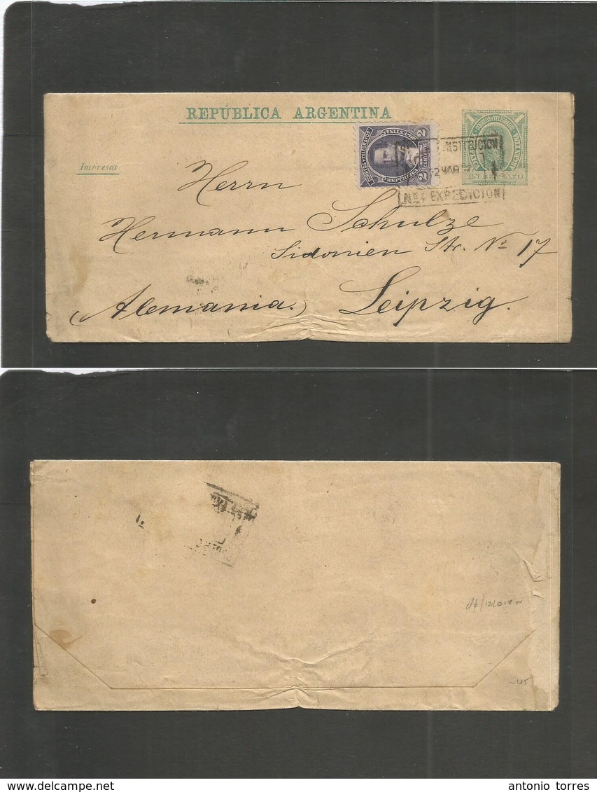 Argentina - Stationery. 1892 (12 March) Instruccion / Exp Nº4 - Germany, Leipzig. Complete 1c Green Stat Wrapper + 2c, A - Autres & Non Classés