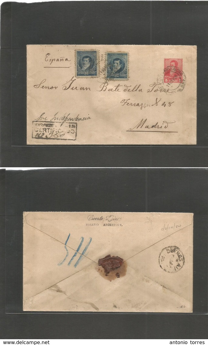 Argentina - Stationery. 1896 (11 Mayo) Independencia, Rosario De Sta Fe - Spain, Madrid. Via Buenos Aires. Registered 5c - Sonstige & Ohne Zuordnung