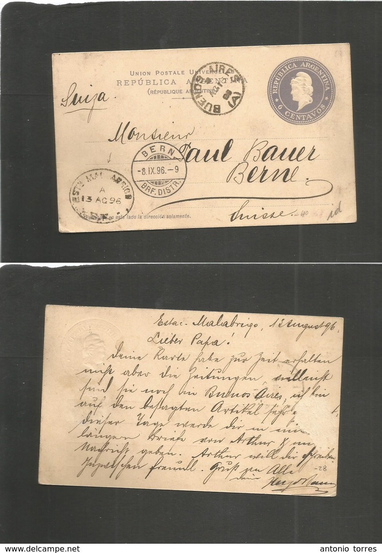 Argentina - Stationery. 1896 (13 Aug) Estacion Malabrigo, Santa Fe - Switzerland, Bern (8 Sept) 6c Grey Stat Card. Fine  - Altri & Non Classificati