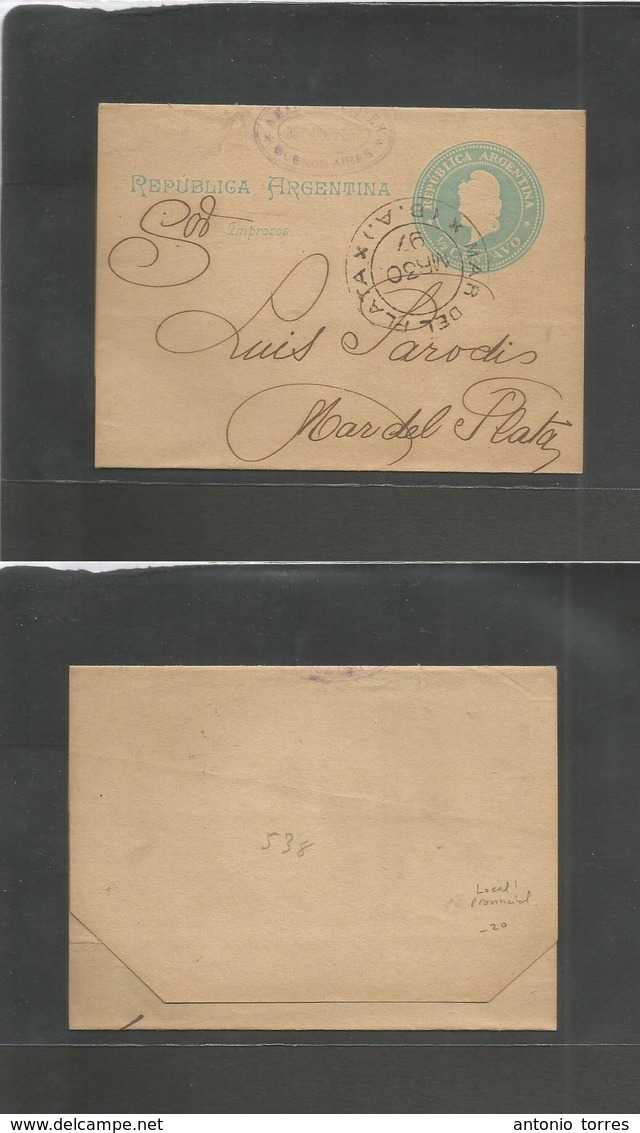 Argentina - Stationery. 1897 (30 March) Mar De Plata. Local Usage Of 1/2c Celestial Blue, Cds. Fine + Scarce In This Tow - Sonstige & Ohne Zuordnung