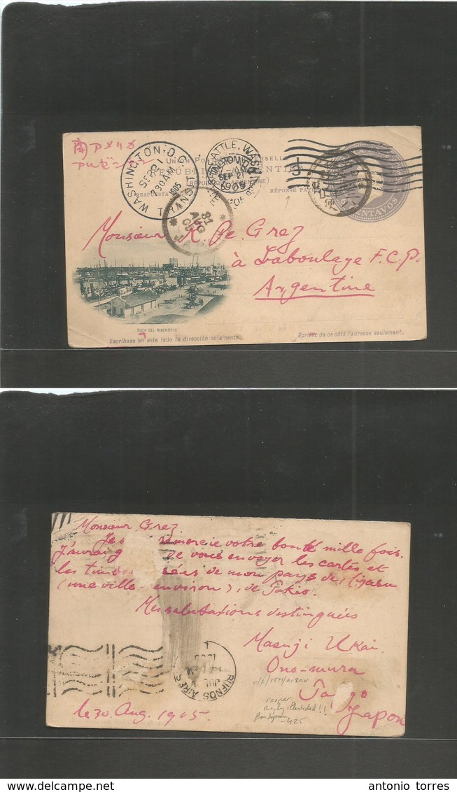 Argentina - Stationery. 1905 (30 Aug) REPLY Half Stationary Illustrated "Boca Riachuelo" 6c Grey Stationary Card Used Ba - Altri & Non Classificati