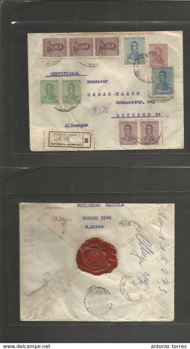 Argentina - Stationery. 1928 (Feb 14) Buenos Aires - Germany, Dresden (26 March) Registered 5c Mauve Stat Env + 9 Adtls, - Andere & Zonder Classificatie