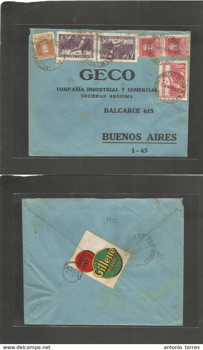 Argentina - Xx. 1932 (19 Nov) Kilometro 585. RN - Buenos Aires (20 Nov) Multifkd Env + Tied Label Reverse "Gilette Blade - Autres & Non Classés