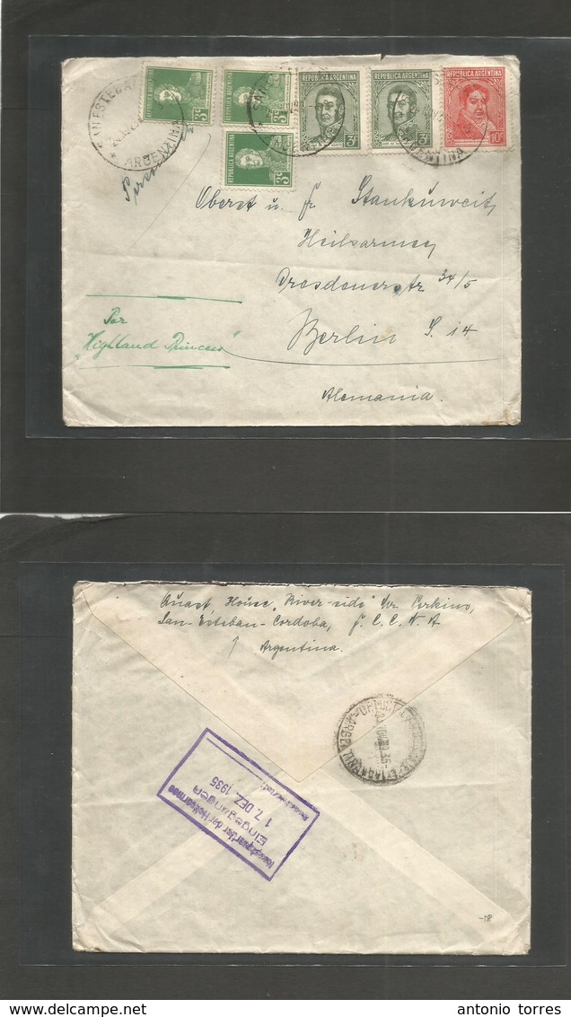 Argentina - Xx. 1935 (24 Nov) San Esteban, Cordoba - Germany. Multifkd Env. Endorsed "per Highland Princess". Mixed Issu - Otros & Sin Clasificación