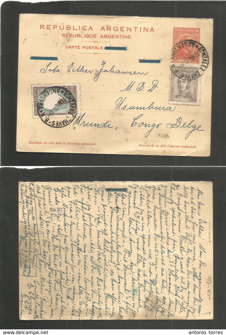 Argentina - Stationery. 1945 (17 Aug) Gonzalez Chaves - Belgian Congo, Usumbura, Urundi.12c Red Reply Half Stat Card + A - Other & Unclassified