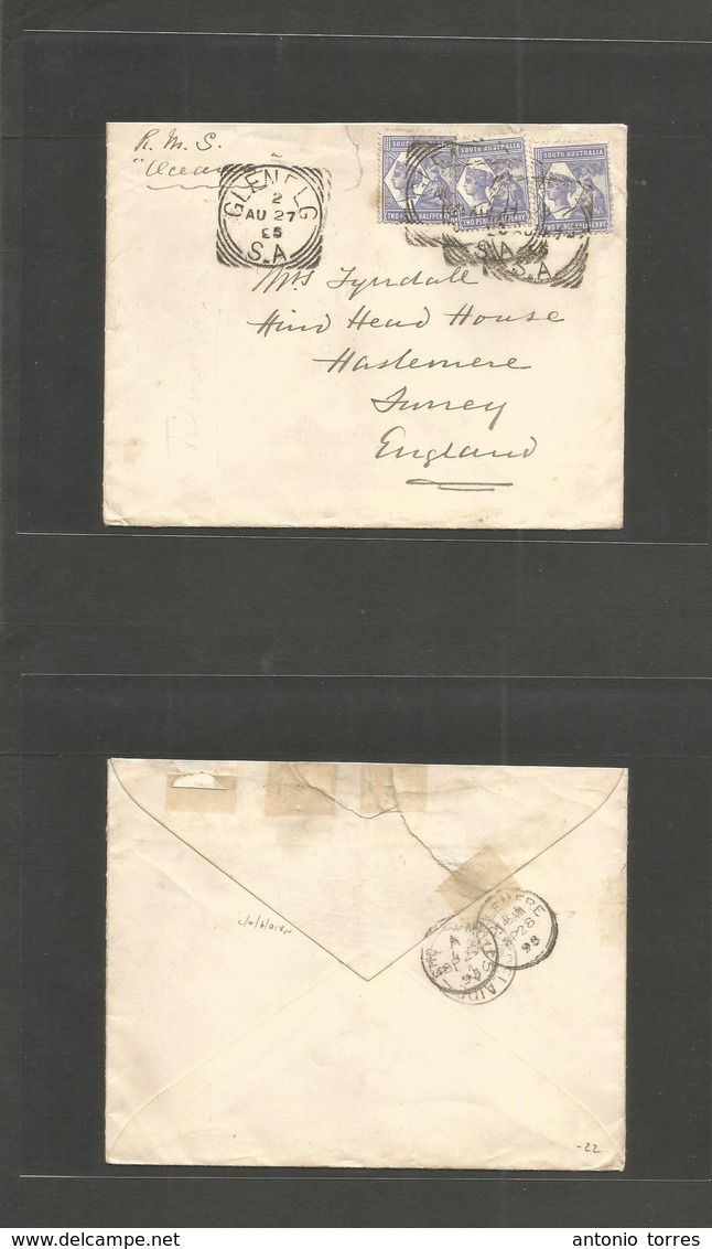 Australia. 1895 (27 Aug) Glenflg, SA - UK, Surrey, Haslemere (28 Sept) Multifkd Envelope 2 1/2d Blue (x3) Endorssed "RMS - Andere & Zonder Classificatie