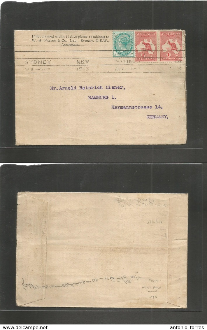 Australia. 1913 (Aug 5) NSW + Aussi Comb. Sydney - Germany, Hamburg. QV + Cangaroo Combination Usage, Rolling Cachet. Fi - Andere & Zonder Classificatie
