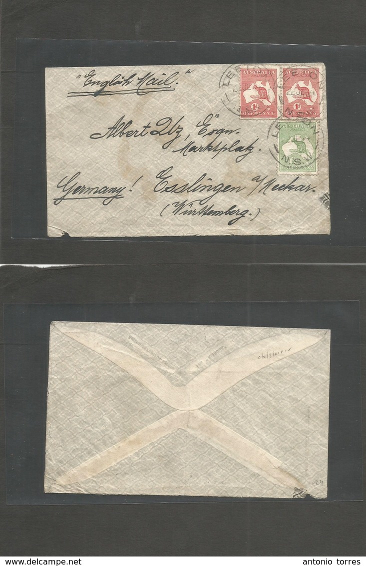 Australia. 1914 (22 July) Leeton, NSW - Germany, Esslingen, Wurttemberg. Cangaroos Multifkd Envelope, Cds. Fine. - Other & Unclassified