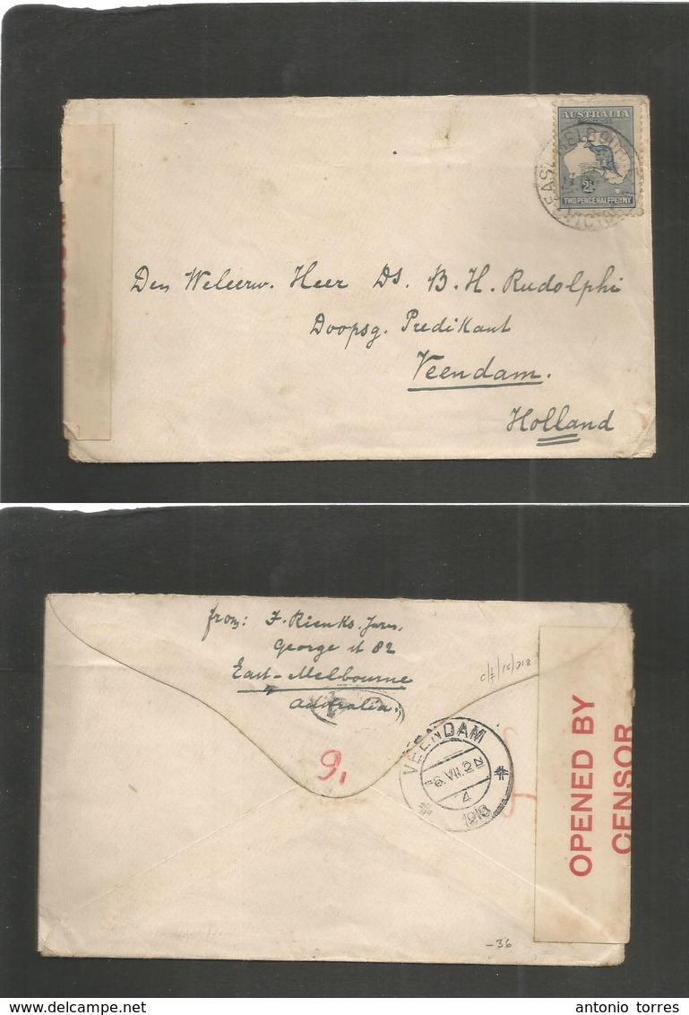 Australia. 1918 (27 Apr) Melbourne - Netherlands, Veendam (6 July) 2 1/2d Blue 'roo Single Fkd Cds Envelope + WWI Censor - Other & Unclassified