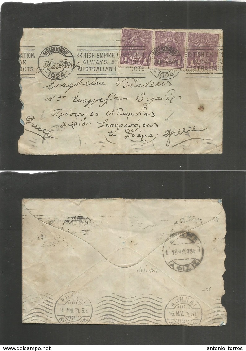 Australia. 1924 (7 Apr) Melbourne - Afisoi, Greece (16-18 May) Multifkd Envelope 1d Lilac (x3) Rolling Cachet + Arrival  - Autres & Non Classés