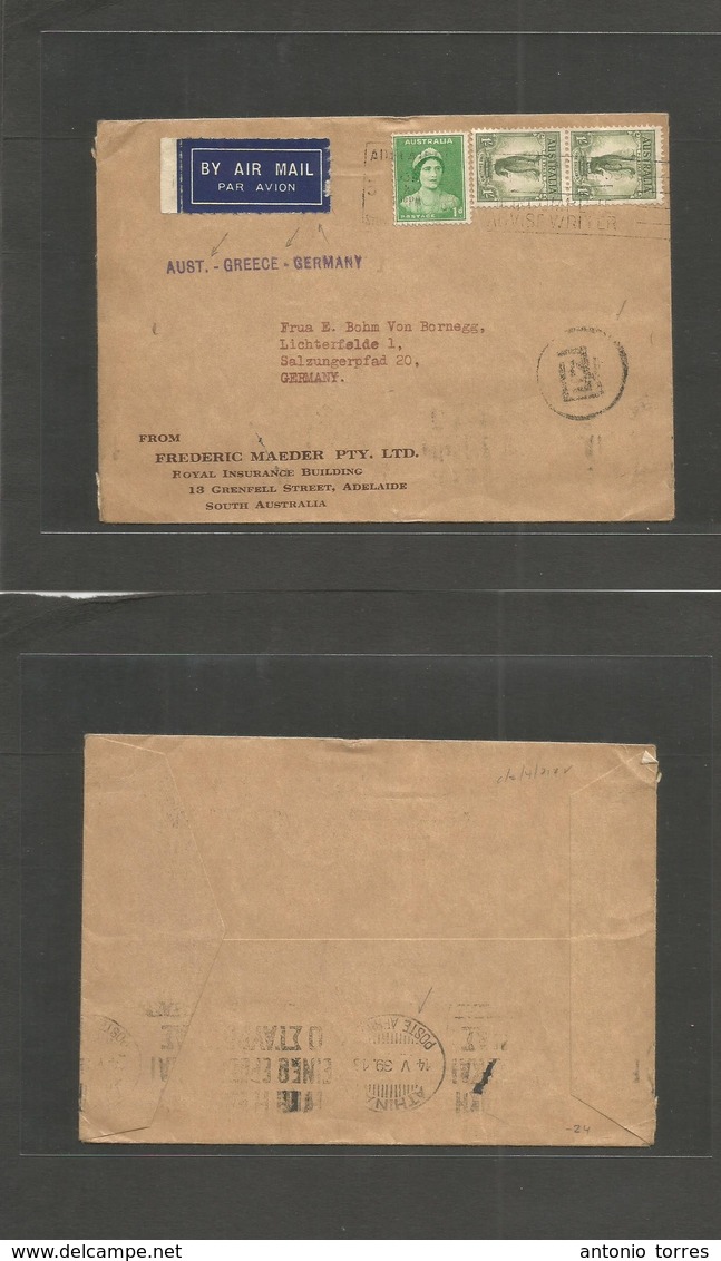 Australia. 1939. Adelaide - Germany, Salzungerplad. Air Multifkd Envelope Via Greece (14 May) Air Cachet "Aust - Greece  - Autres & Non Classés