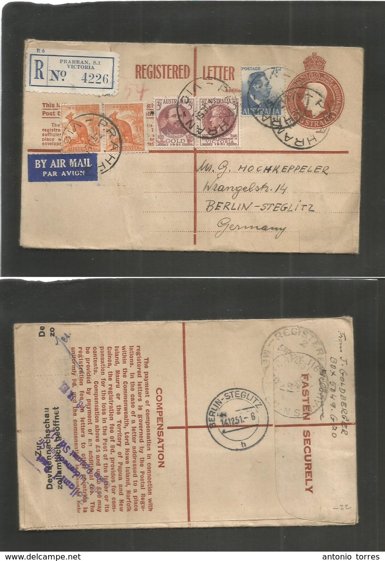 Australia. 1951 (7 Dec) Prahran, Vic - Germany, Berlin (14 Dec) Registered Air Multifkd 10 1/2 Brown Stat Env. VF. - Autres & Non Classés