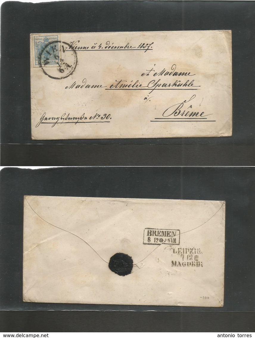 Austria. 1857 (4 Dec) Wien - Bremen (8 Dec) Via Leipzig (7 Dec) Magderburg. Fkd Letter Envelope 9 Kr Blue Large Margins, - Autres & Non Classés