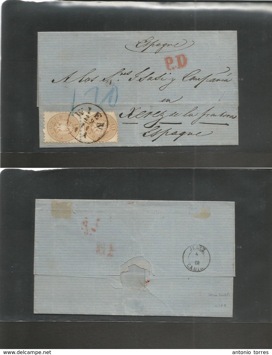 Austria. 1866 (28 Nov) Wien - Spain, Xerez, Cadiz (Wine Production Area) (4 Dec) Fkd EL 15 Kr Bister Pair, Tied Cds + Re - Autres & Non Classés