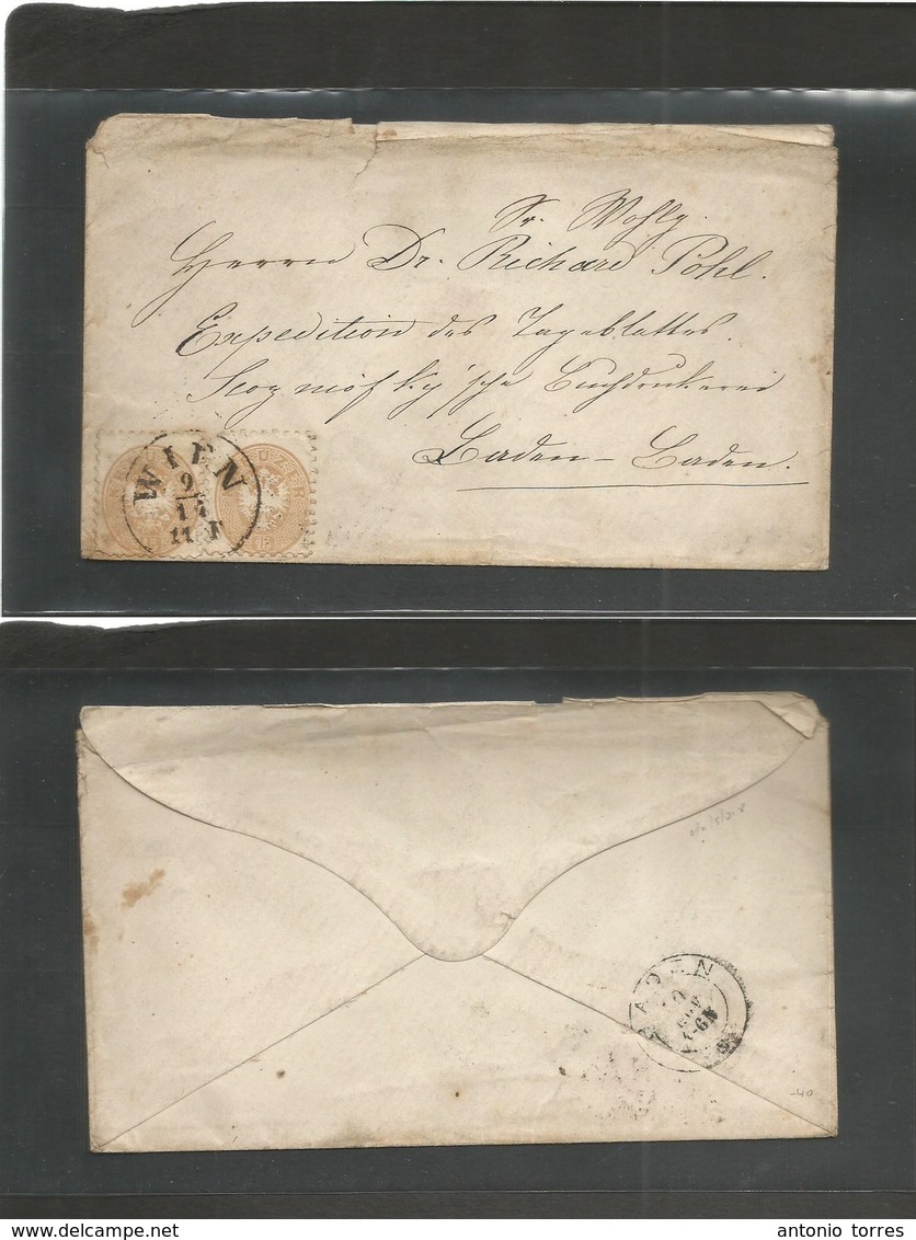 Austria. C. 1867 (9 Nov) Wien - Lerdan, Baden, Germany (10 Nov) Fkd Env, 15 Kr Beige (x2), Tied Cds. - Sonstige & Ohne Zuordnung