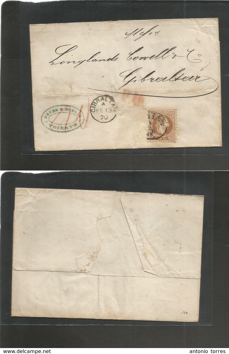 Austria. 1870 (4 Feb) Triest - Gibraltar (Feb 13) E. Fkd 15 Kr Brown, Cancel Oval Ds (further Stamp Missing In Transit + - Autres & Non Classés