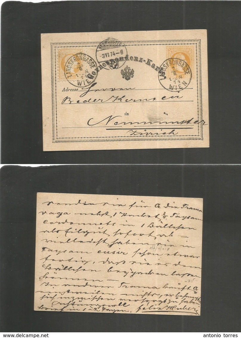 Austria. 1874 (2 June) Landskrongasse, Wien - Switzerland, Neuxminster (3 June) 2 Kr Yellow Stat Card + 2 Kr Adlt, Cds.  - Autres & Non Classés