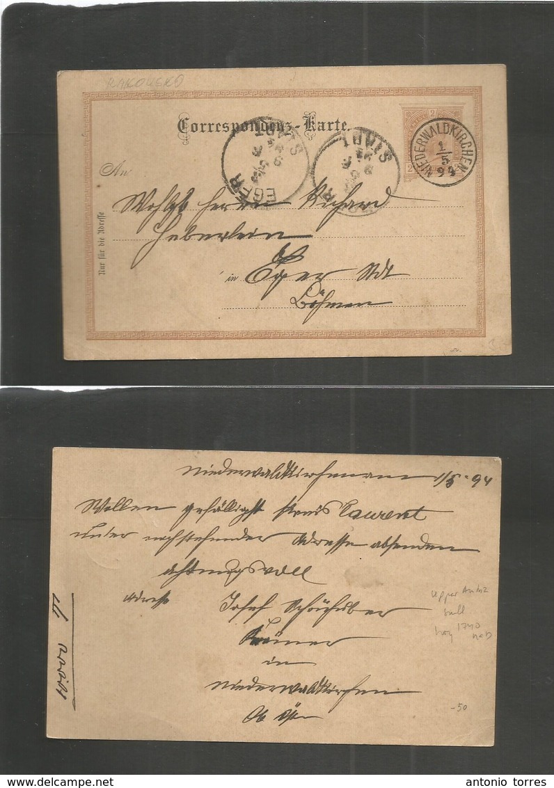 Austria. 1894 (1 May) Upper Austria (todays 1740 Hab), Niederwald-Kirchen - Eger (3 May) 2 Kr Brown Stat Card. Fine Used - Sonstige & Ohne Zuordnung