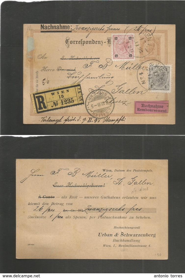 Austria - Stationery. 1898 (7 Nov) Wien - Switzerland, St. Gallen (8 Nov) Registered 2kr Brown Stat Card + 2 Adtls On RE - Autres & Non Classés