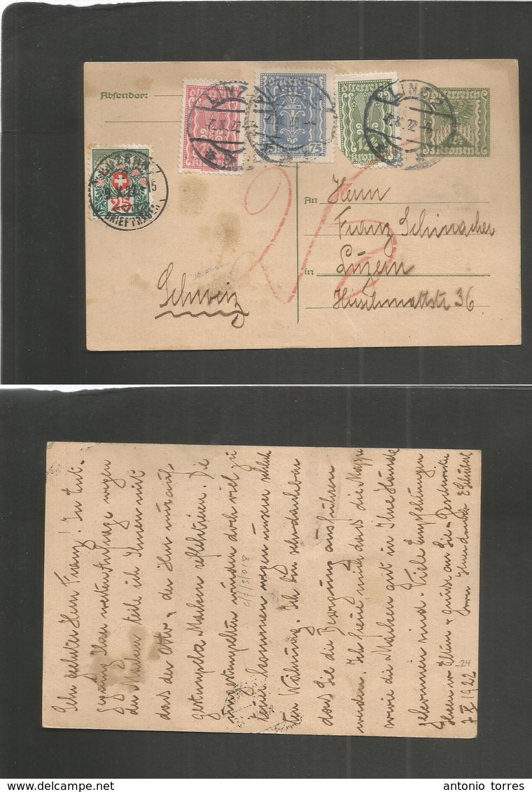 Austria - Stationery. 1922 (7 Oct) Linz - Switzerland, Luzern (9 Oct) 12 1/2 Gr Green Stat Card + 3 Adtls + Taxed + Arri - Altri & Non Classificati