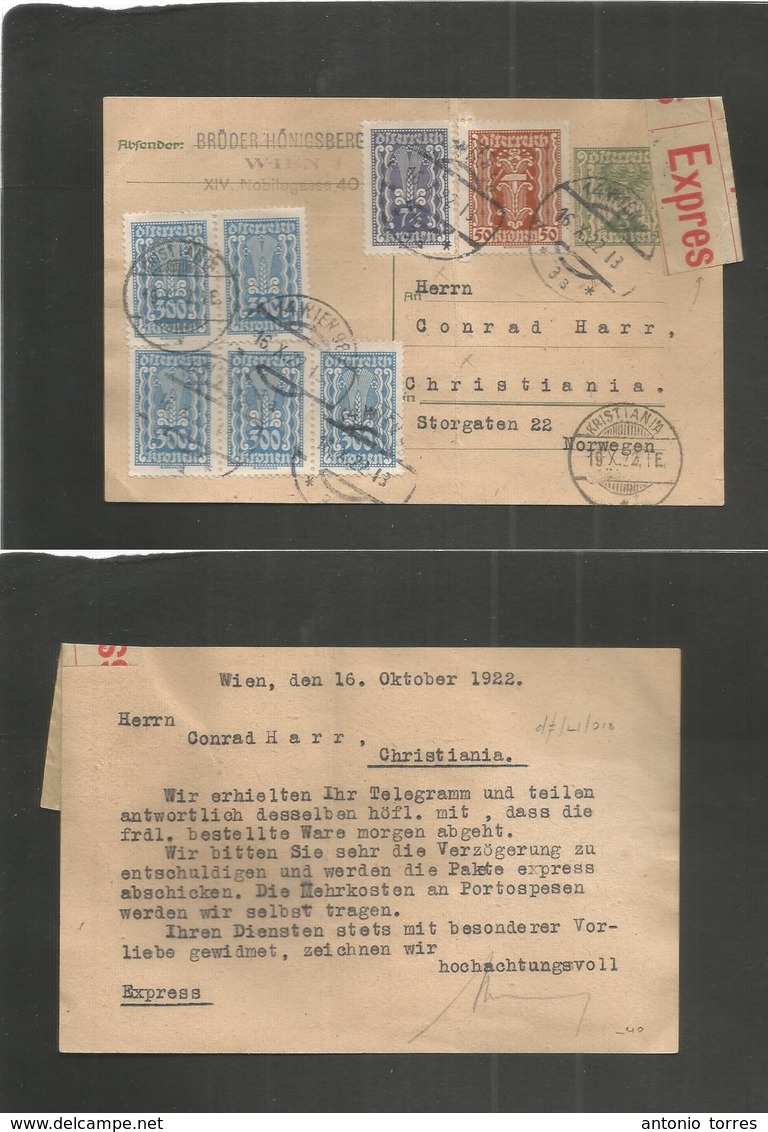 Austria - Stationery. 1922 (16 Oct) Wien - Norway, Chistiania (19 Oct) 5kr Green Stat Card + 7 Adtls, Cds On Express Mai - Autres & Non Classés