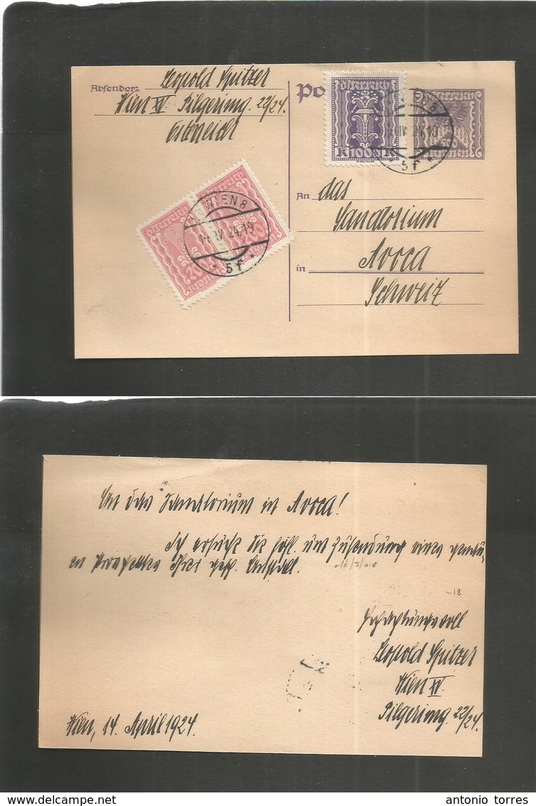 Austria - Stationery. 1924 (14 April) Wien - Switzerland, Arosa. 500 Kr Stat Card + 3 Adtls. Post Inflation Period. Nice - Andere & Zonder Classificatie