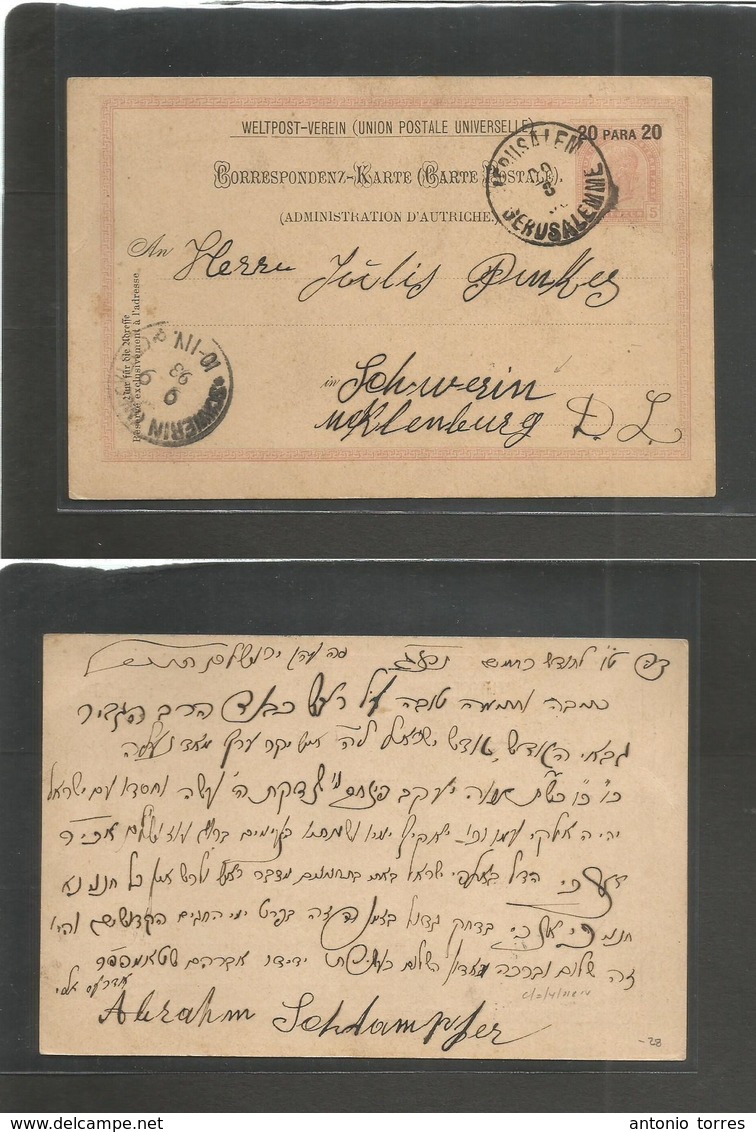 Austrian Levant. 1893 (29 Aug) Jerusalem - Germany, Schwerin, Mecklenburg (9 Sept) 20p / 5h Rose Stat Card Written In He - Andere & Zonder Classificatie