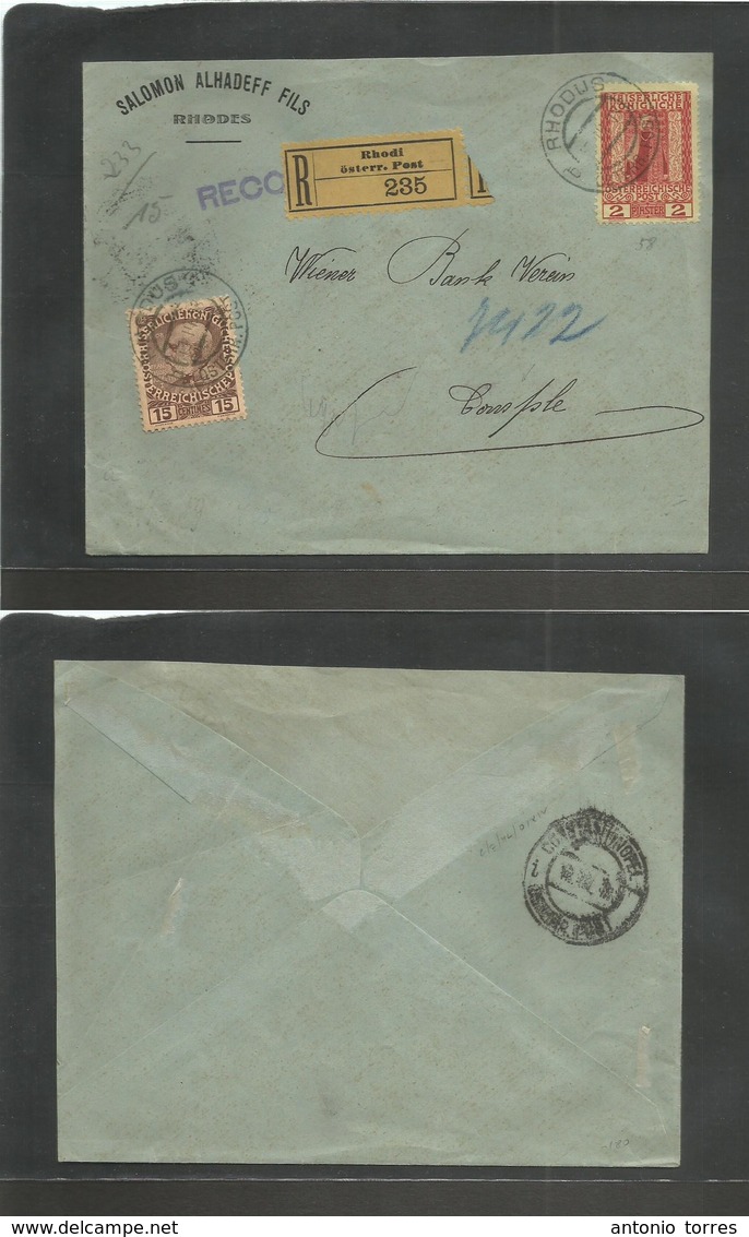 Austrian Levant. 1913 (13 March) Rhodus / Rodes - Constantinople, Turkey (17 March) Registered Multifkd Envelope Comerci - Autres & Non Classés