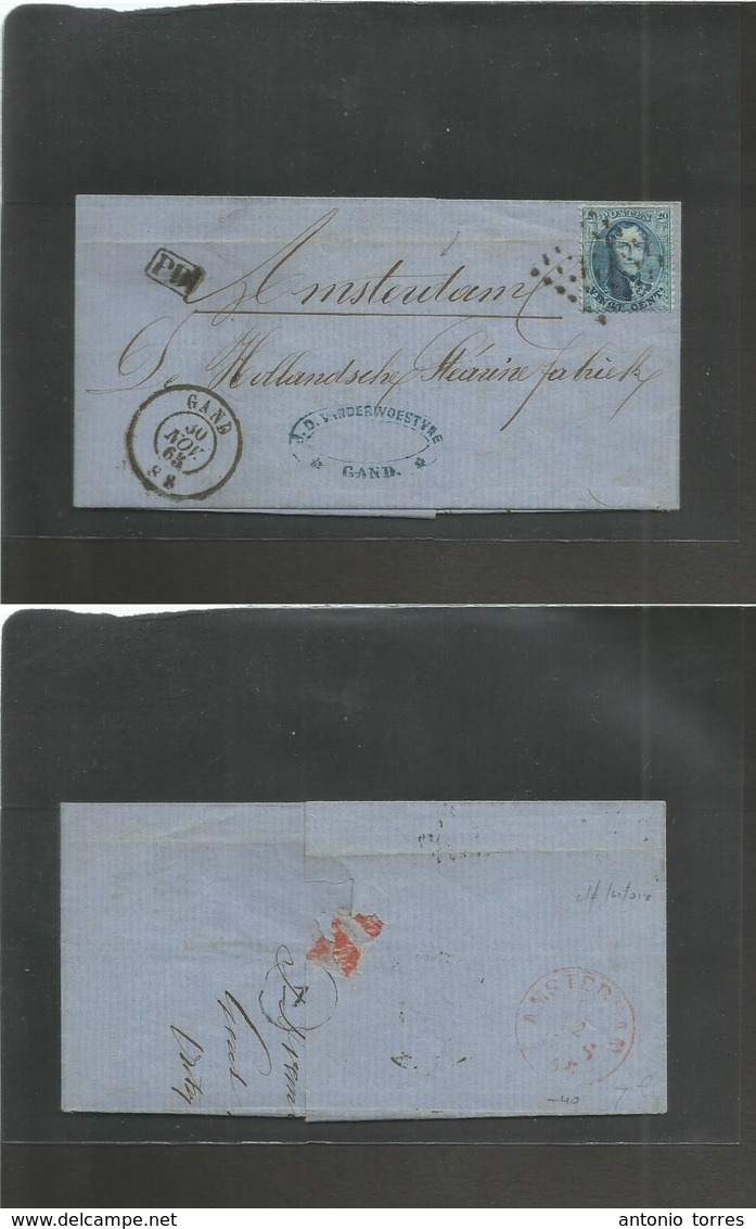 Belgium. 1865 (30 Aug) Gand - Amsterdam, Netherlands. EL Full Text Fkd 20c Blue Perf, Tied Dots Romboid Cds. VF. - Autres & Non Classés