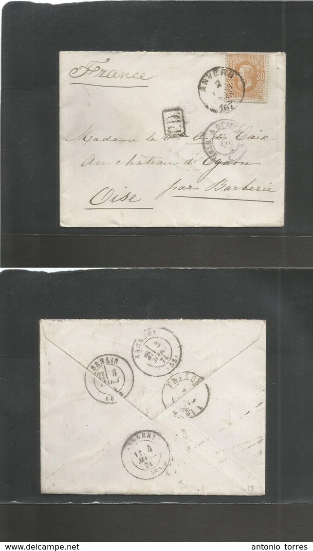 Belgium. 1874 (2 March) Anvers - France, Chateau D'Egnon (3-4 March) Fkd Envelope 30c Bister Cds. Fine. - Autres & Non Classés