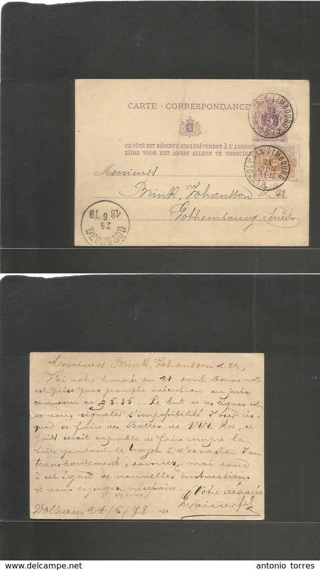 Belgium. 1878 (24 June) Colbain, Limbourg - Sweden, Gothembourg (26 June) 5c Lilac Stat Card + Adtl. Better Village + De - Autres & Non Classés