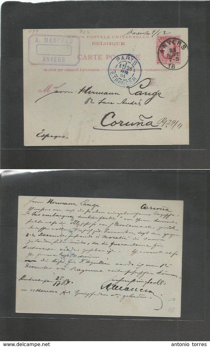 Belgium. 1884 (25 Nov) Anvers - Spain, Coruña (North East Galicia Region) 10c Red / Grey Stat Card, Cds. Via Paris. Fine - Autres & Non Classés