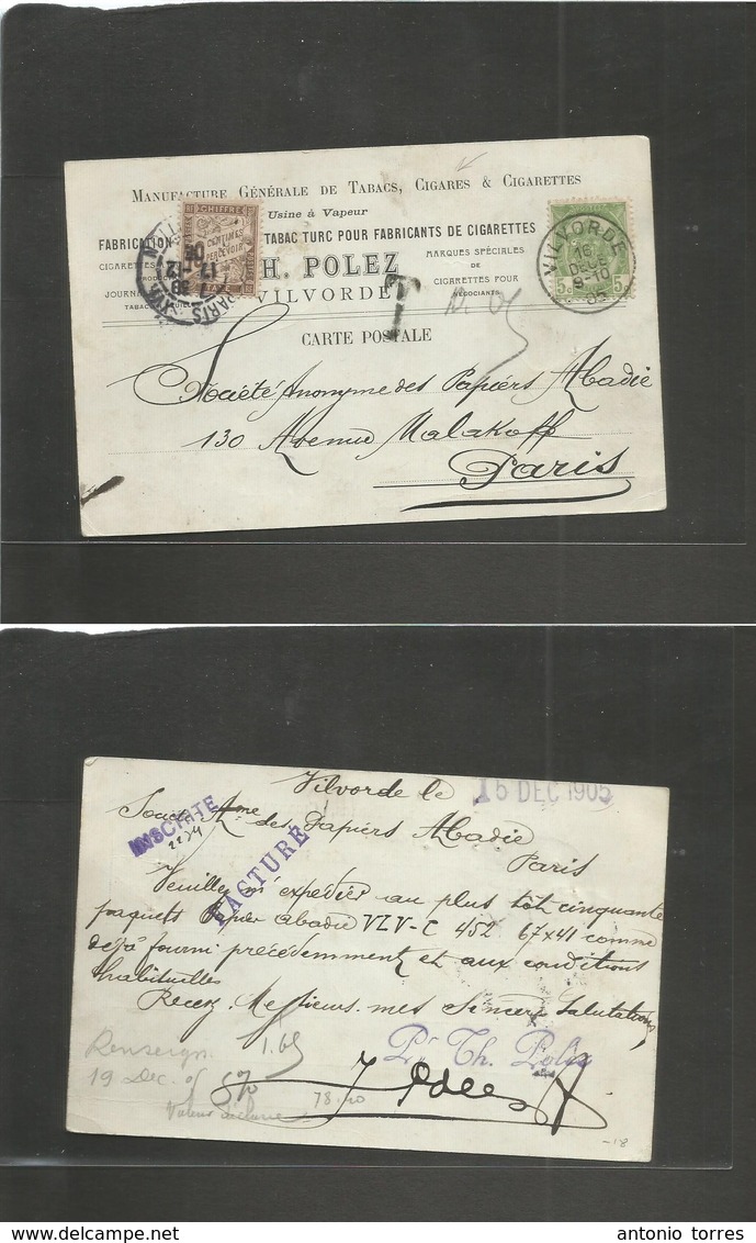 Belgium - Xx. 1905 (16 Dec) Vilvorde - France, Paris (17 Dec) Private H. Polez Business Fkd Card + Taxed + French P. Due - Autres & Non Classés