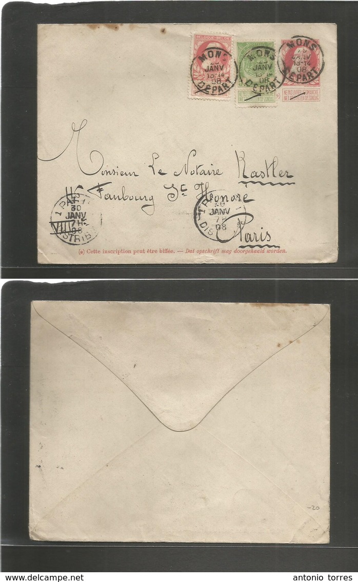 Belgium - Xx. 1908 (18 Jan) Mons - France, Paris. 5c Red Stat Env + 2adtls. Nice Tricolor Usage. - Andere & Zonder Classificatie