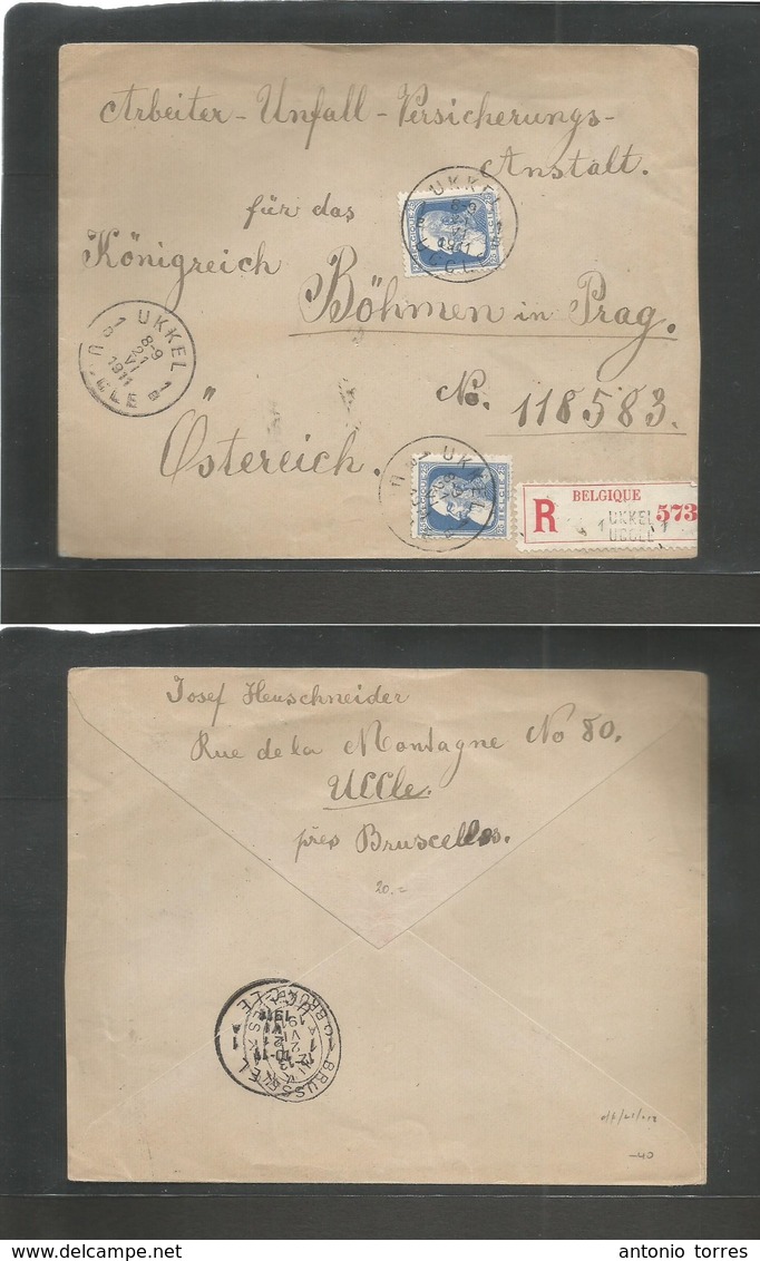 Belgium - Xx. 1911 (21 June) Ukkel - Austria, Prague, Bohemia. Registered Multifkd Envelope + R-label, Tied Cds. - Autres & Non Classés