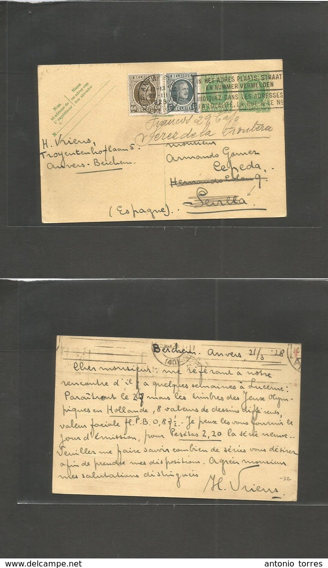 Belgium - Stationery. 1928 (21 March) Berchem, Anvers - Seville, Spain, Andalucia Region. 30c + 5c Green Doble Print Sta - Autres & Non Classés