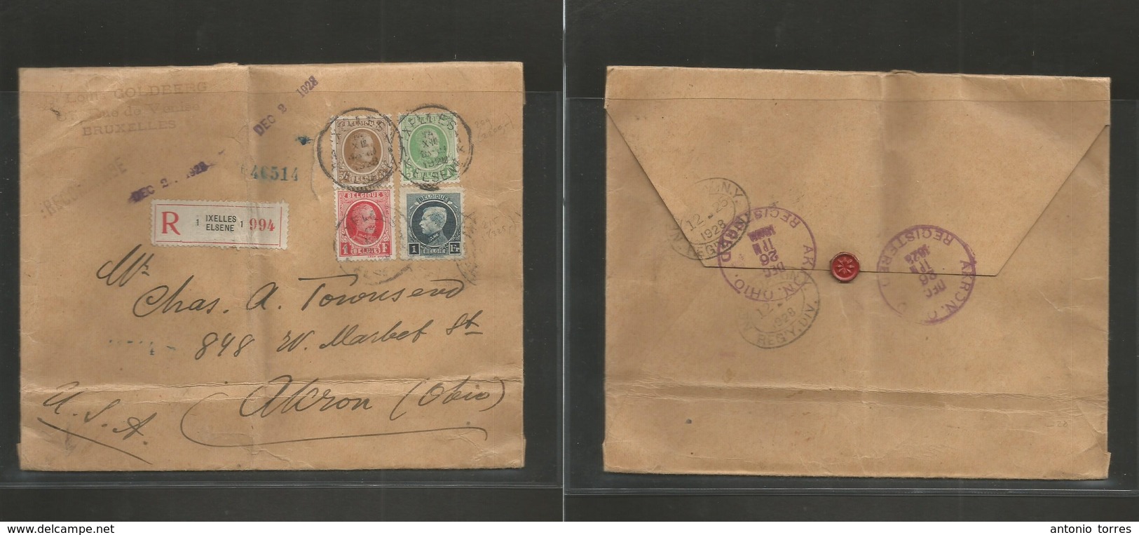 Belgium - Xx. 1928 (2 Dec) Ixelles, Elsene - USA, Acron, OH (26 Dec) Registered Multifkd Mixed Issues Envelope Incl 1fr  - Autres & Non Classés