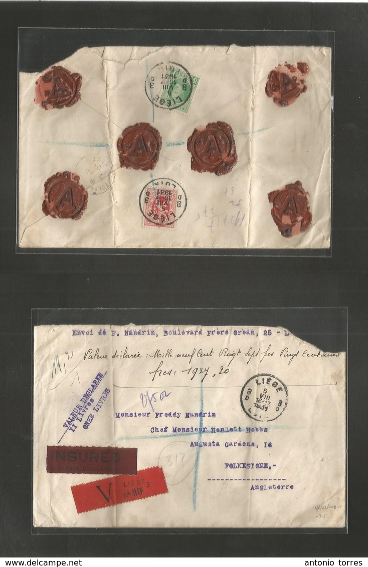 Belgium. 1931 (5 Aug) Liege - UK, Folkestone. Registered Insured For 1,927,20 Francos. Fkd Reverse Env At 5,25 Francos R - Sonstige & Ohne Zuordnung