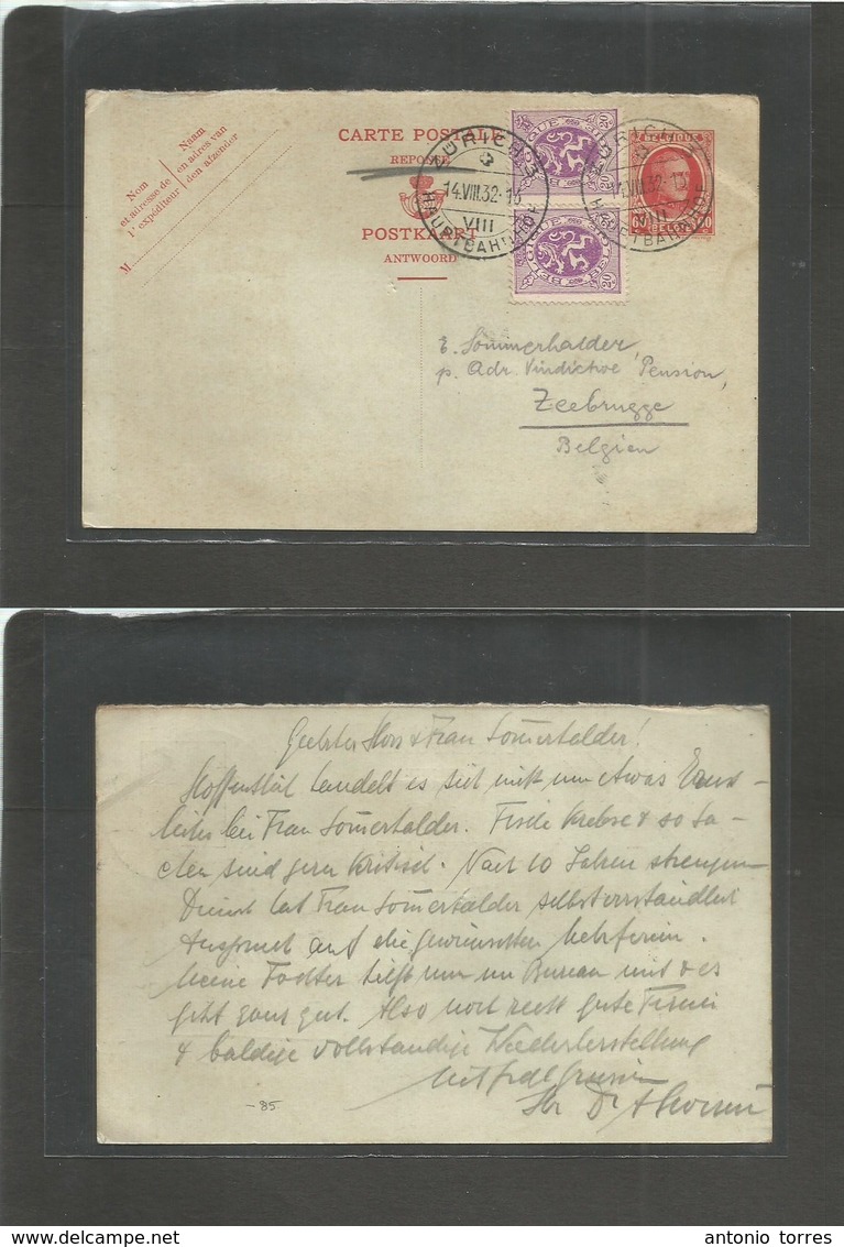 Belgium - Stationery. 1932 (14 Aug) Reply Half Stat Card Proper Usage. Zurich, Switzerland - Zebruge. 60c Red Reply Half - Autres & Non Classés