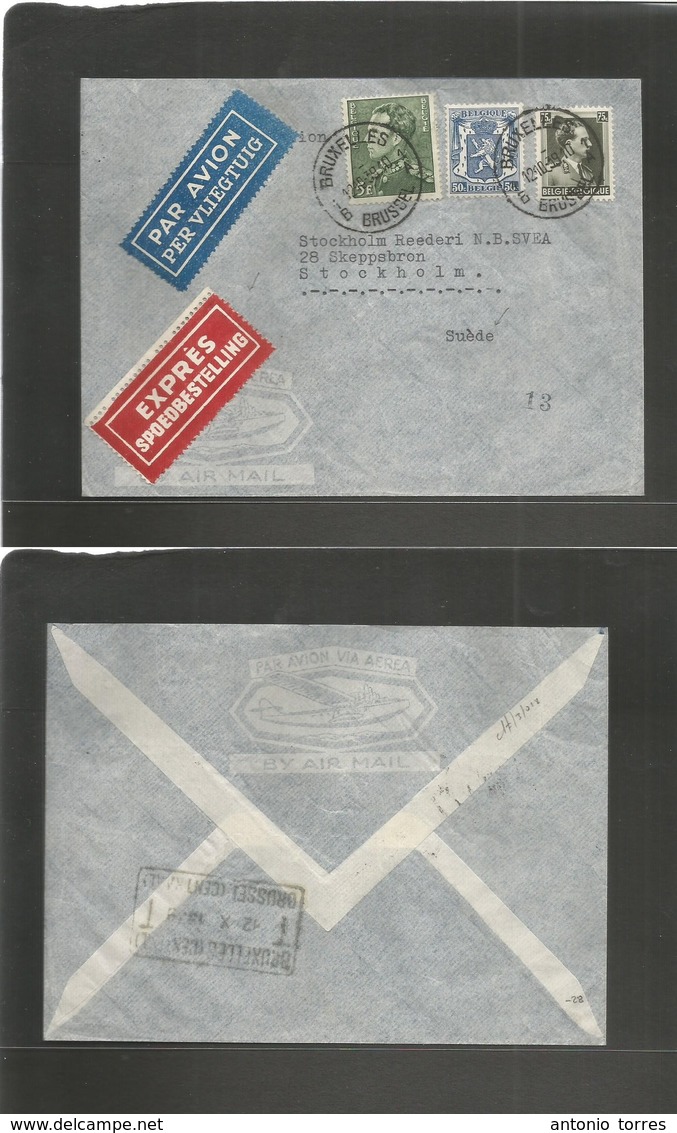 Belgium - Xx. 1939 (12 Oct) Brussels - Sweden, Stockholm. Air Express Mail Multifkd Envelope + 2 Special Postal Labels,  - Andere & Zonder Classificatie