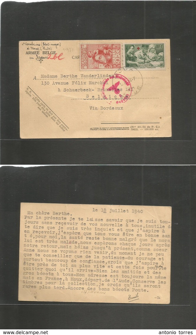 Belgium. 1940 (18 July) Belgian Army In France. Red Cross Frkd FM Card With Aux Stamps. Nazi Censor. Moux - Bruxelles. F - Autres & Non Classés